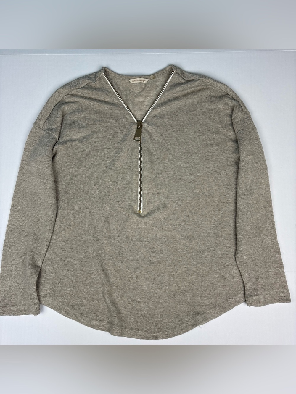 Soft Surrounding Women Large Sweater Beige Tan Large Zipper V-Neck Sheer Poly